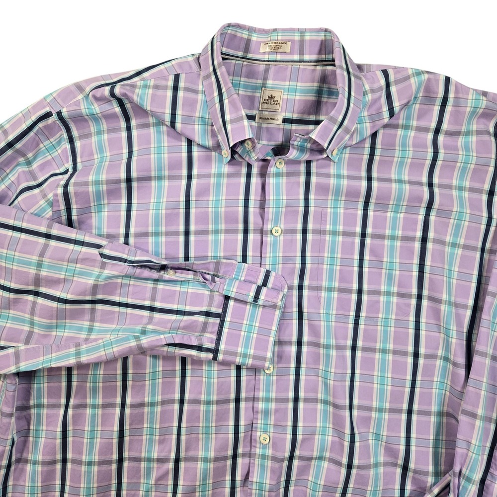 Peter Millar Shirt Mens 2XL Purple Blue Plaid Seaside Finish Button Front Casual
